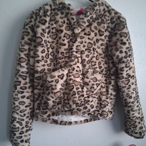 NWT Girls Faux Fur Tan Leopard Print Hoodie Jacket Size L(14-16)